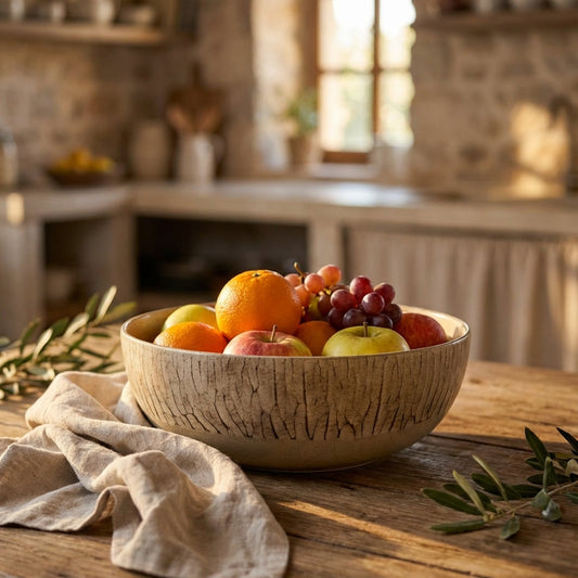 Fruit bowl with apples, oranges, and grapes on a wooden table in a rustic kitchen.