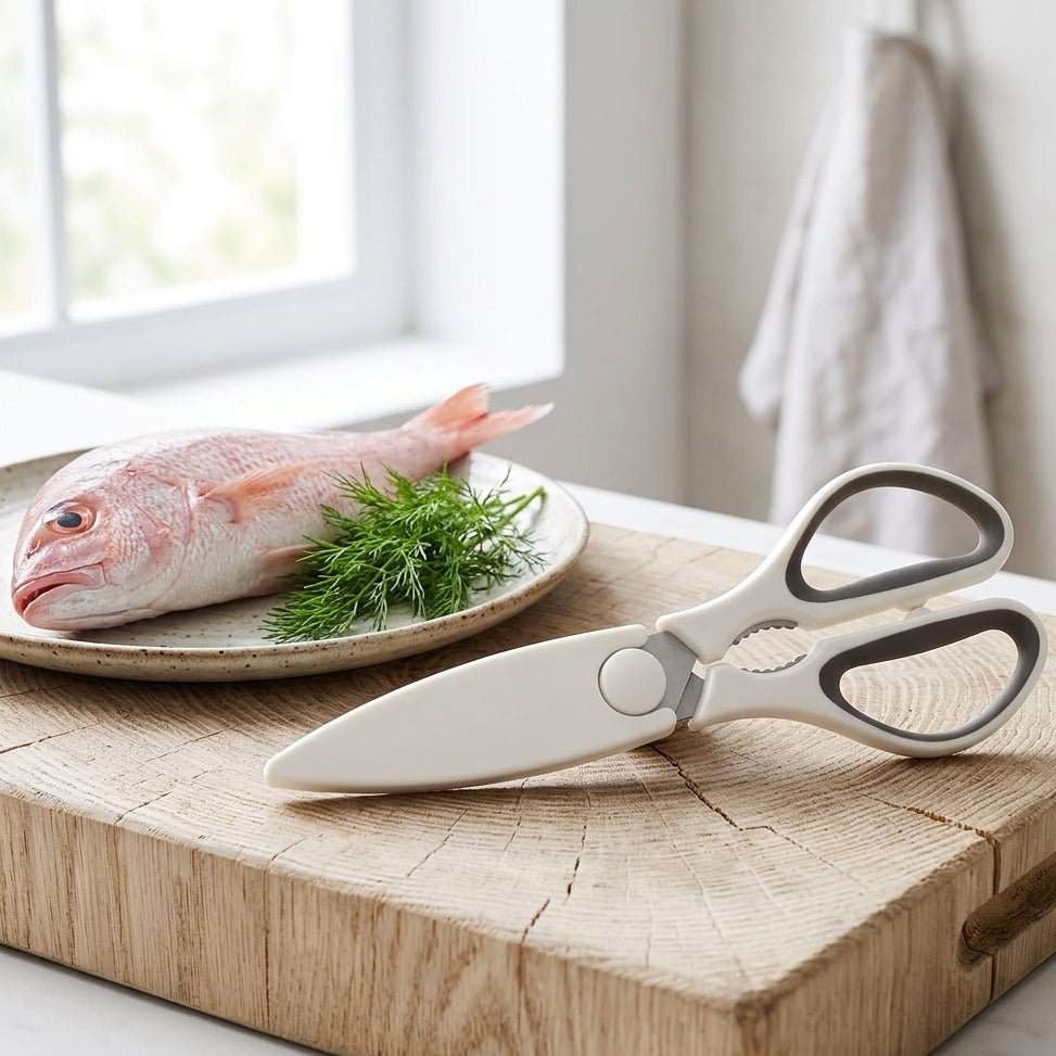 White and gray kitchen shears with a circular pivot, resting on a wooden cutting board next to a plate with a raw fish and dill.
