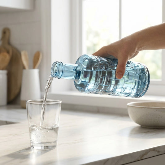 Person pouring water from a bottle into a glass on a kitchen counter.