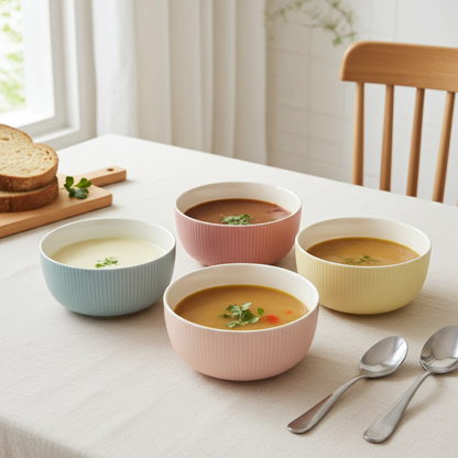 Four bowls of soup on a table with bread and spoons
