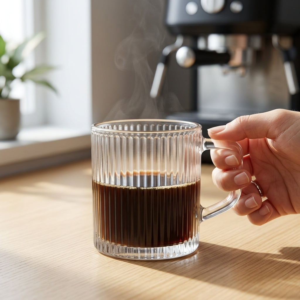 A clear ribbed glass mug filled with dark coffee, held by a hand on a wooden table with a blurred coffee machine and window in the background.