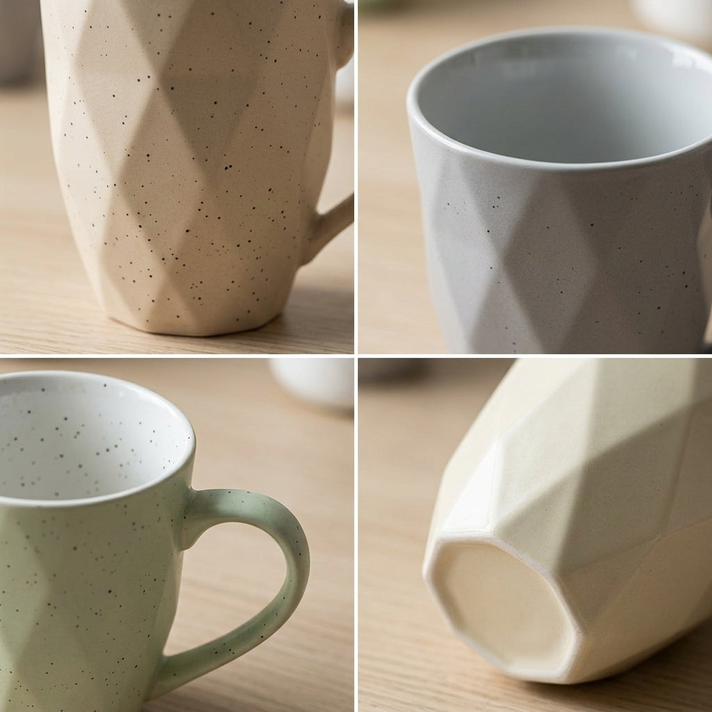 Four-panel collage showing a faceted ceramic mug in different colorways: warm beige, light gray, pale mint green, and off-white. Each panel shows a close-up of the mug's exterior or interior with subtle dark speckles, set on a light wood surface.