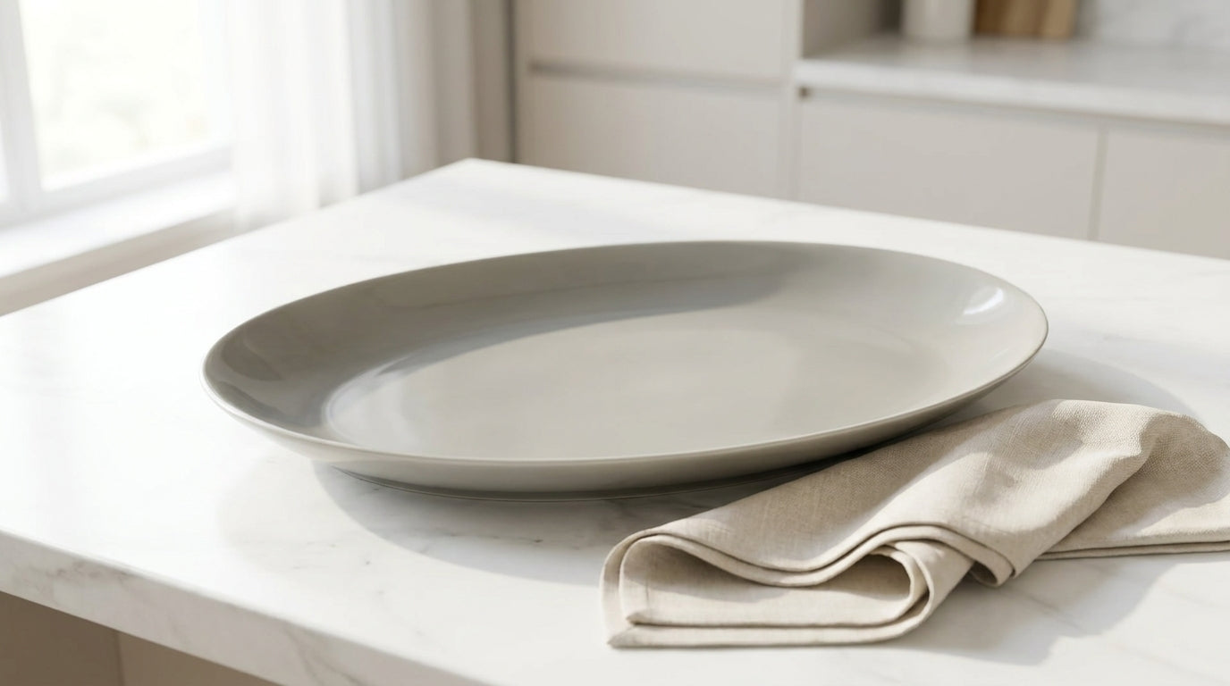 Gray ceramic plate on a white surface with a beige napkin