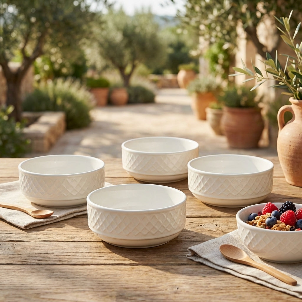 White ceramic bowls on a wooden table with a garden background