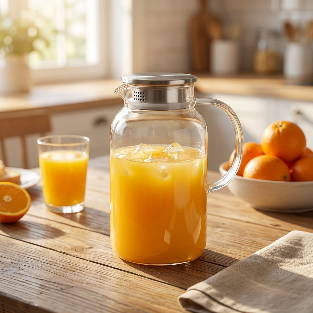 Glass pitcher filled with orange juice on a wooden table with oranges and a glass in the background.