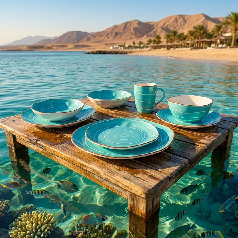 Table with turquoise dishes and cups set up in clear water with a beach and mountains in the background