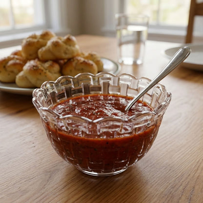 Clear patterned glass bowl served with sauce