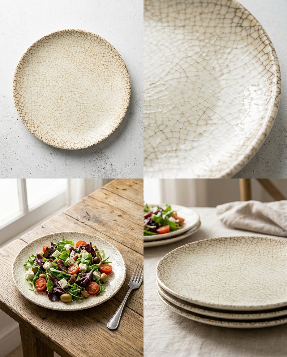 A collage showing a round ceramic plate from multiple angles and in use. The top-left view shows the plain plate on a light surface, the top-right is a close-up of the textured glazed crackle pattern, the bottom-left shows the plate filled with a salad on a rustic wooden table, and the bottom-right shows a stack of matching plates on a tablecloth.