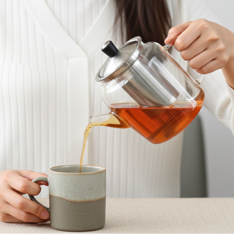 Person pouring tea from a glass teapot into a ceramic mug.