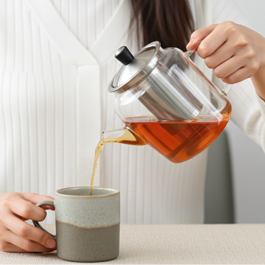 Person pouring tea from a glass teapot into a ceramic mug.