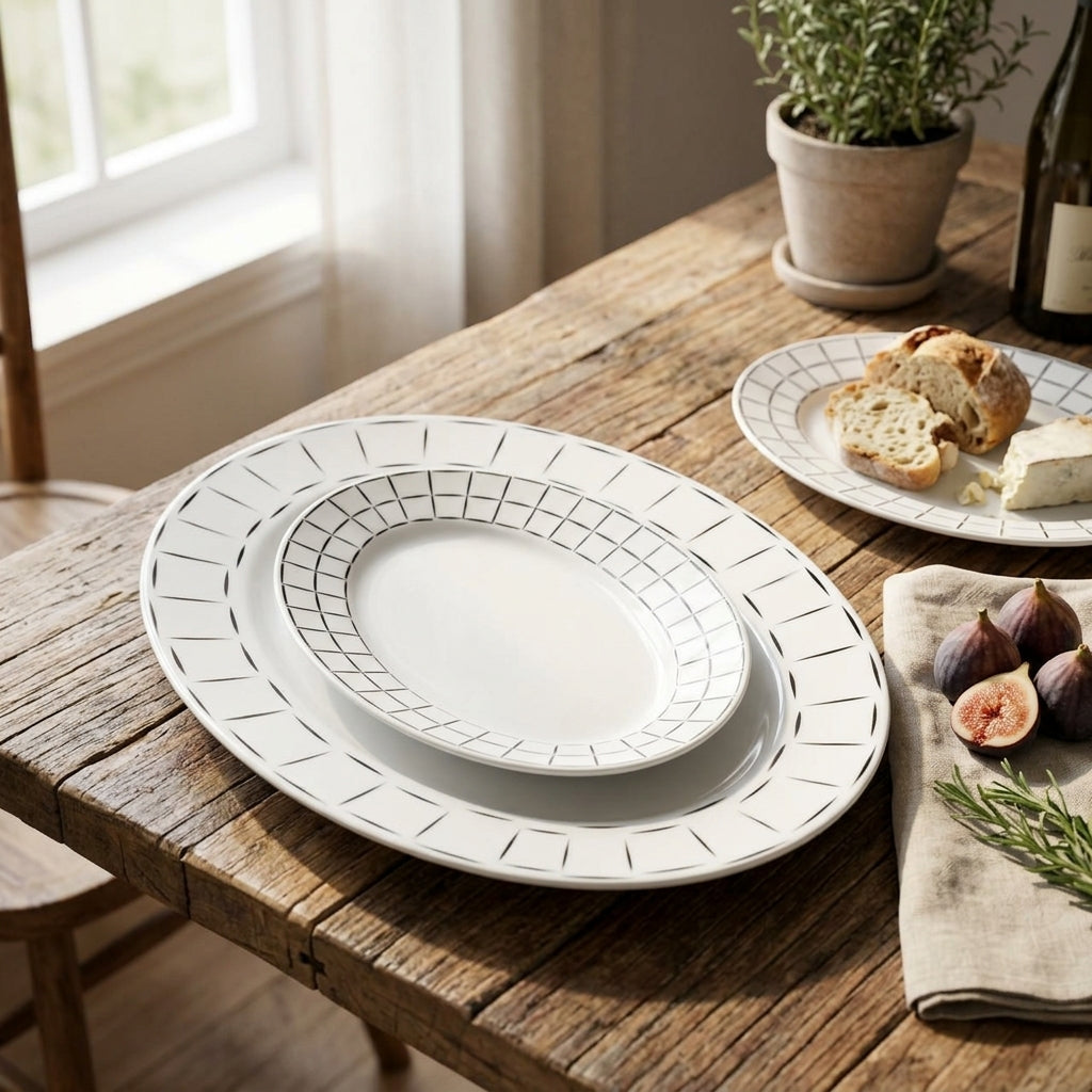 Set of white ceramic plates with decorative edge on a wooden table with food and a plant in the background.