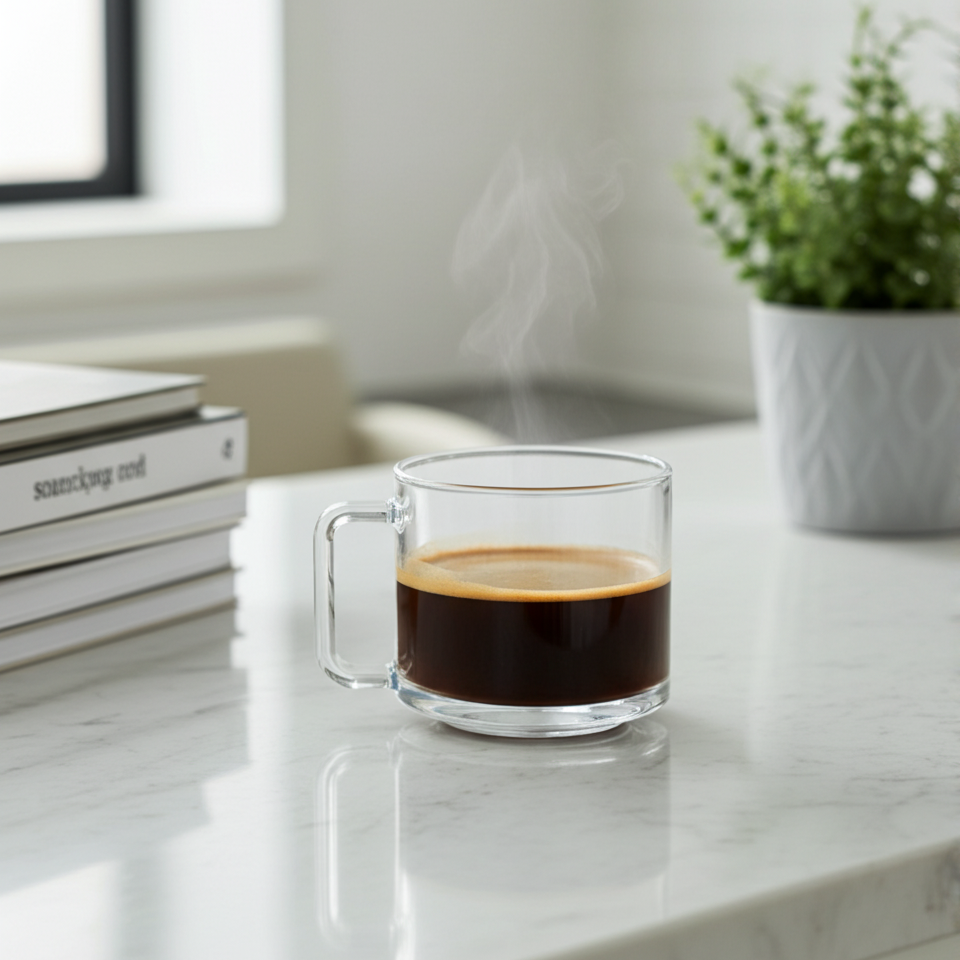 Clear glass mug with coffee on a marble countertop with books and a plant in the background