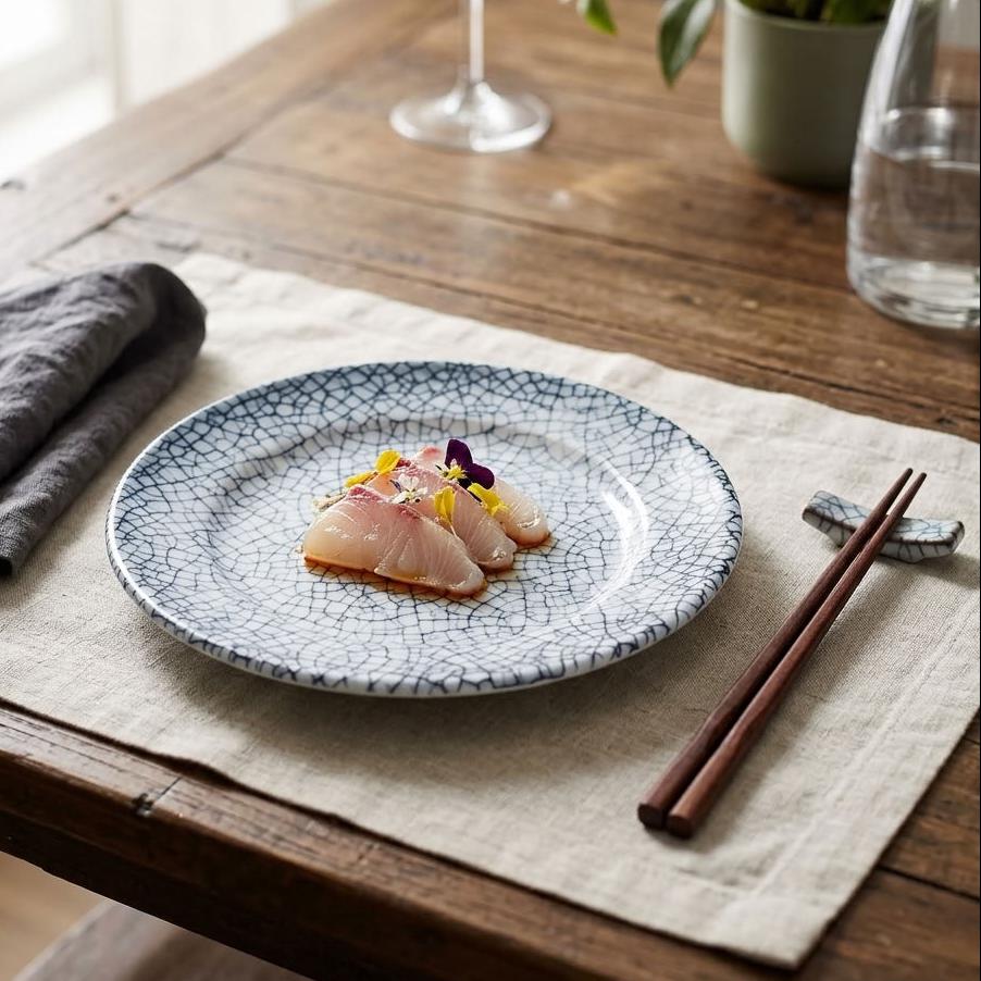 A round ceramic plate with a blue crackle glaze sits on a beige linen placemat on a rustic wooden table, styled with chopsticks, a folded gray napkin, and a wine glass in the background.