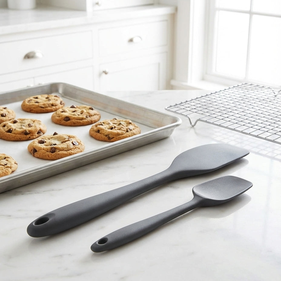 Two gray spatulas on a kitchen counter with a baking sheet of cookies in the background.
