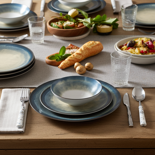 Dining table setting with blue ceramic plates, silverware, and food on a wooden surface.