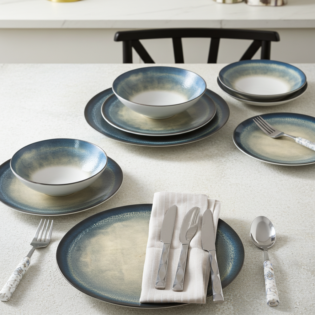 Dinnerware set with blue and gray plates, bowls, and silverware on a light surface.