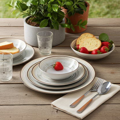Dining table setting with plates, bowls, and cutlery on a wooden surface.