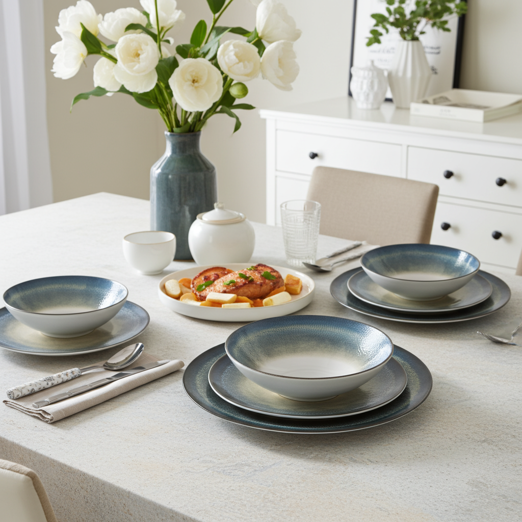 Dining table set with blue and white ceramic dishes, flowers, and a teapot.