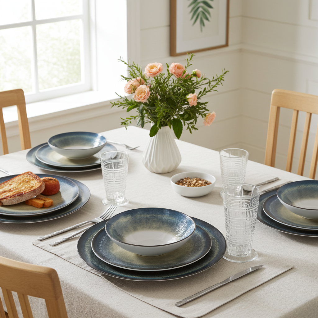 Dining table set with blue ceramic plates, glasses, and a vase of flowers in a bright room.