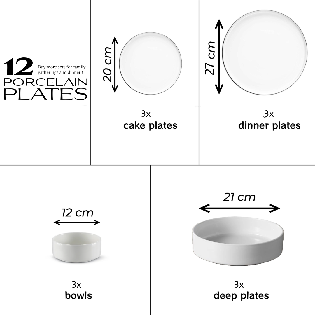 Measurement chart for porcelain plates and bowls with dimensions and quantities.