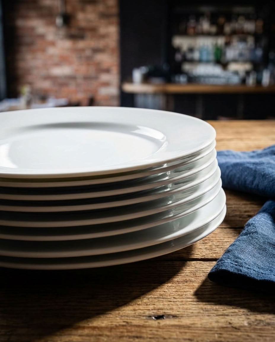 Stack of white 19 cm plates in a restaurant-inspired setting