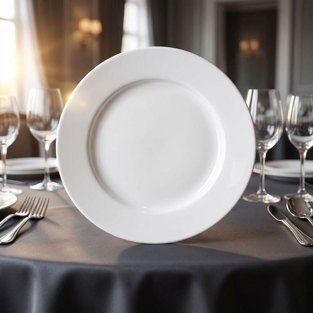 Single white 19 cm plate presented on a formal table