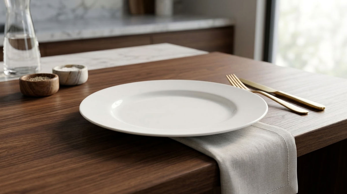 White 19 cm plate styled on a modern dining table