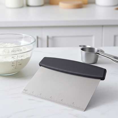 Measuring tool on a kitchen counter with ingredients and utensils in the background