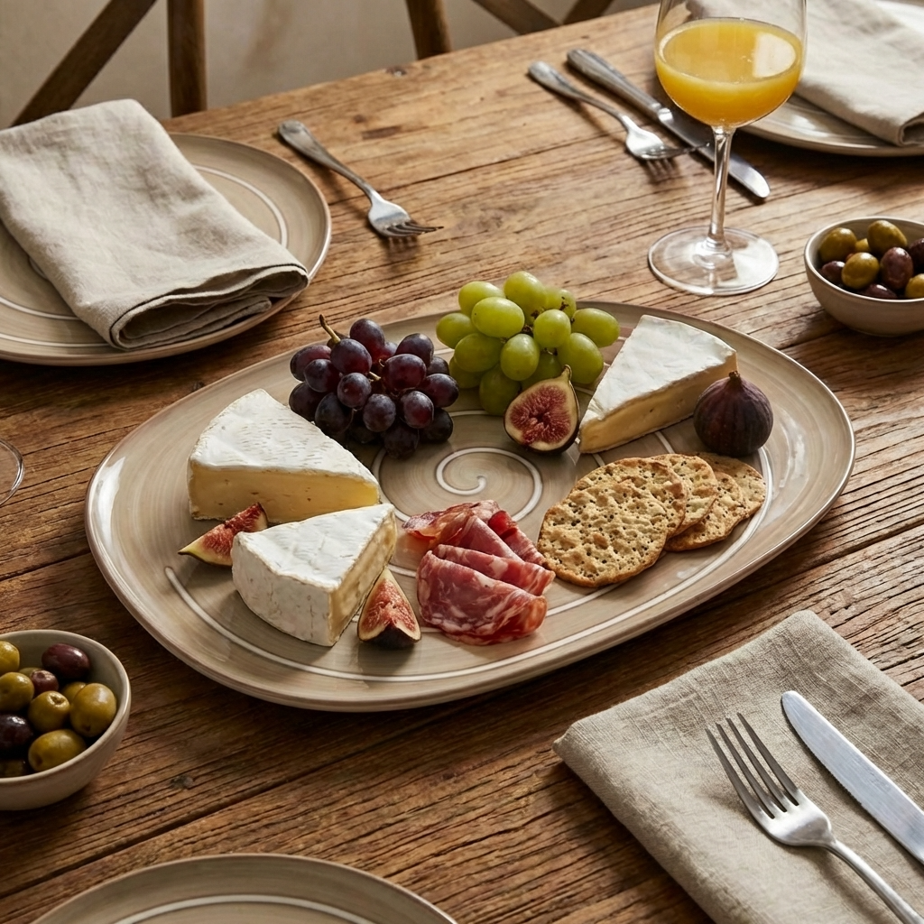 Platter of cheese, fruits, and meats on a wooden table with glasses of juice.