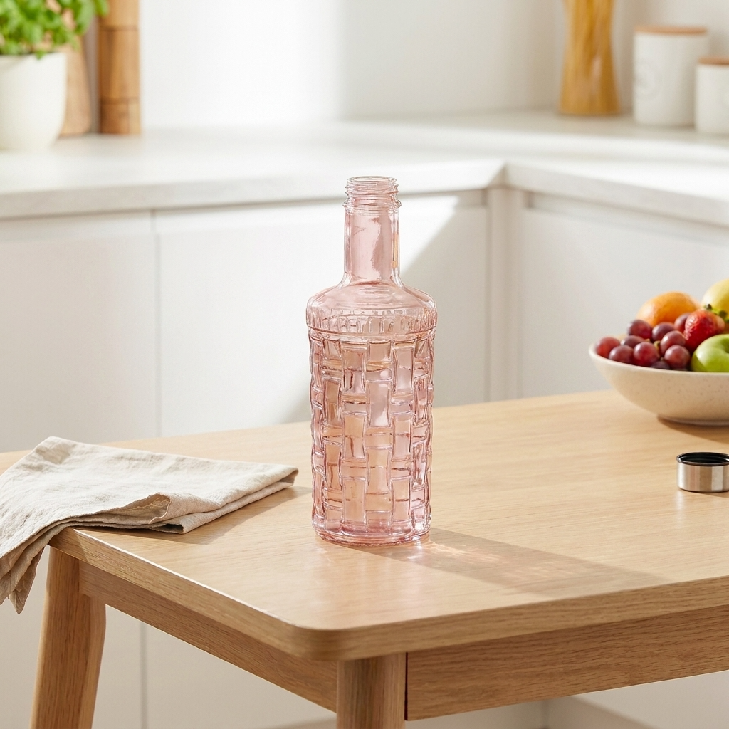 Pink glass bottle on a wooden table with a bowl of fruit in the background