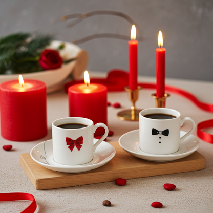Two white mugs with decorative designs on saucers, surrounded by red candles and ribbons on a neutral background.