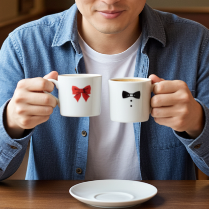 Person holding two mugs with a bow tie and tuxedo design, sitting at a table.