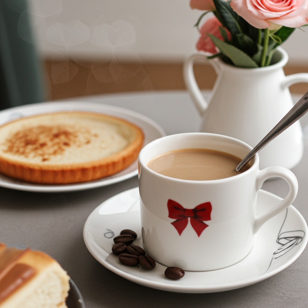 Cup of coffee with a red bow design on a saucer, surrounded by a pie, bread, and flowers.
