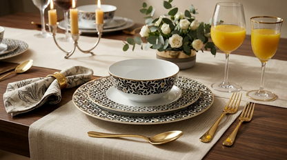 Dining table setting with plates, bowls, glasses, and utensils on a wooden table.