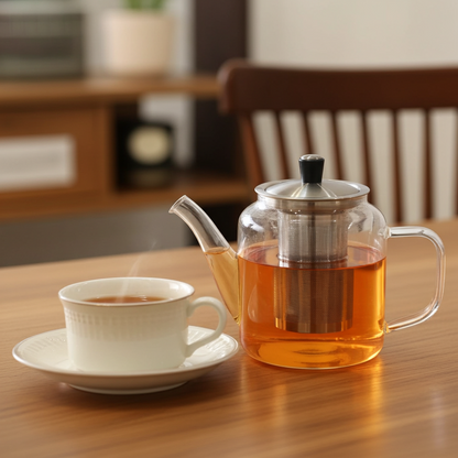 Tea cup and glass teapot with tea on a wooden table