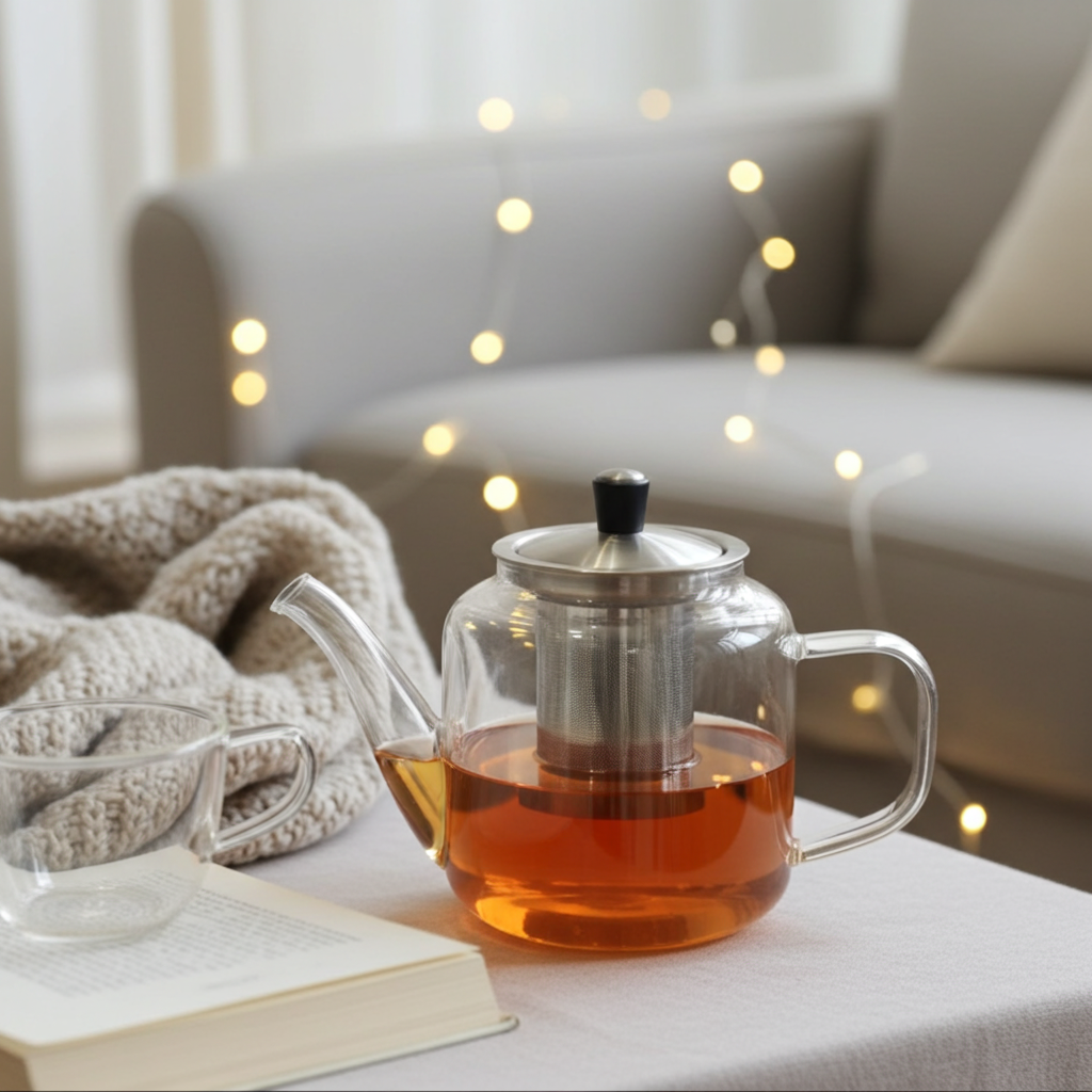 Glass teapot with tea on a table next to a book and blanket, with soft lighting and blurred background