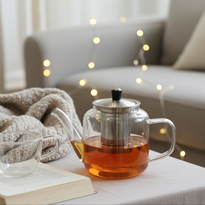 Glass teapot with tea on a table next to a book and blanket, with soft lighting and blurred background