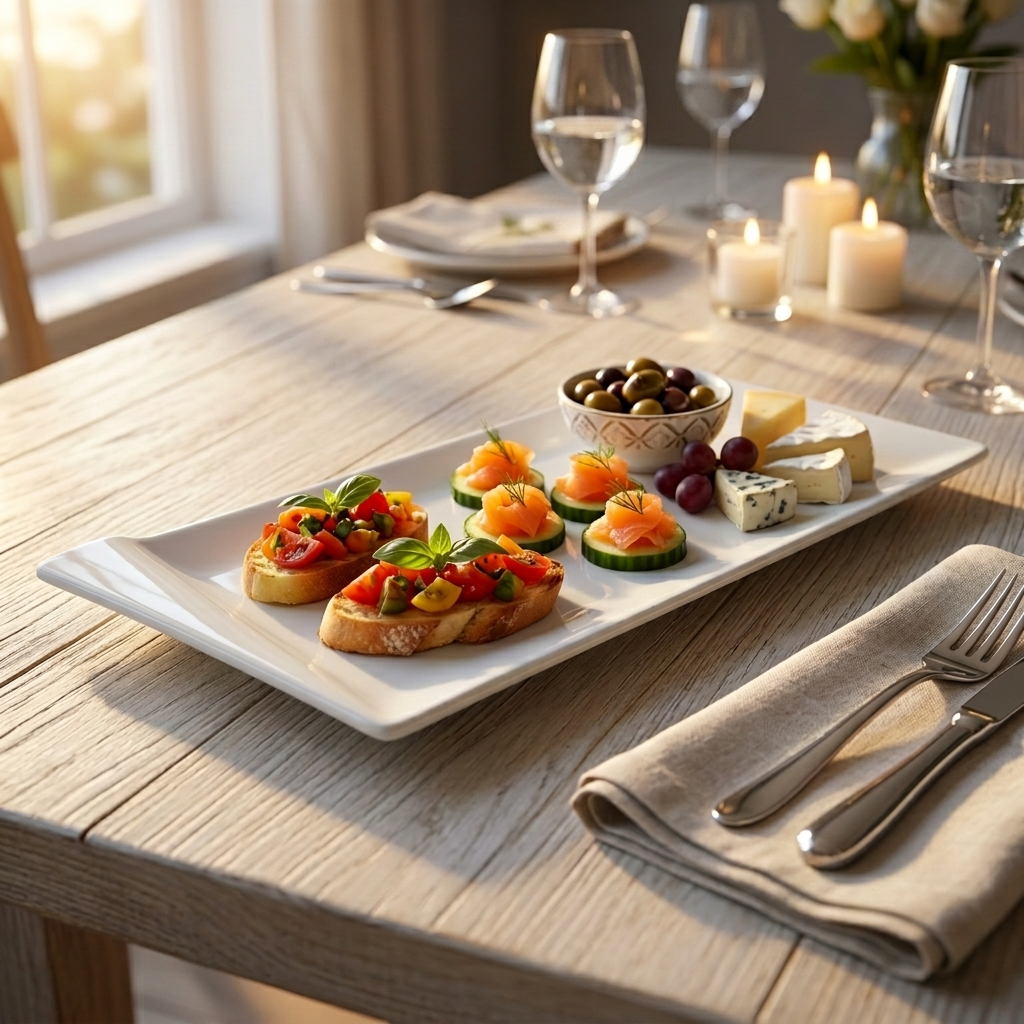 Dining table set with appetizers, wine glasses, and candles in a warm setting.