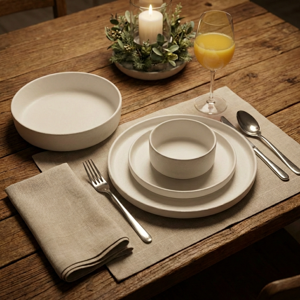 Dining table setting with white ceramic plates, silverware, and a glass of orange juice on a wooden table.