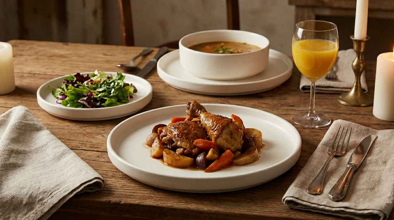 Dinner table setting with a main dish, salad, soup, and drinks on a wooden table.