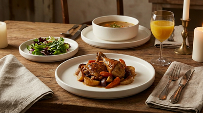 Dinner table setting with a main dish, salad, soup, and drinks on a wooden table.