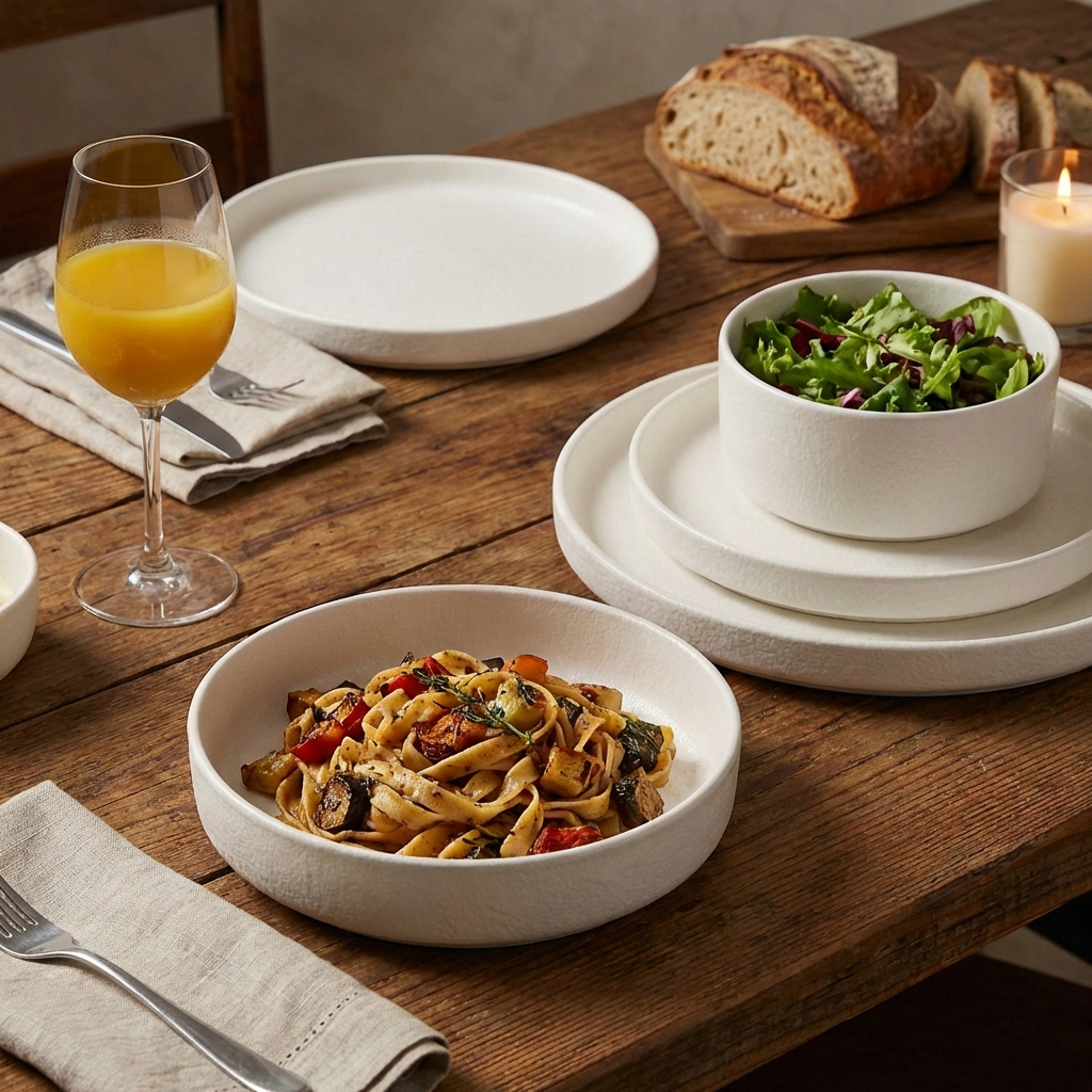Dinner setting with pasta, salad, bread, and a glass of orange juice on a wooden table.