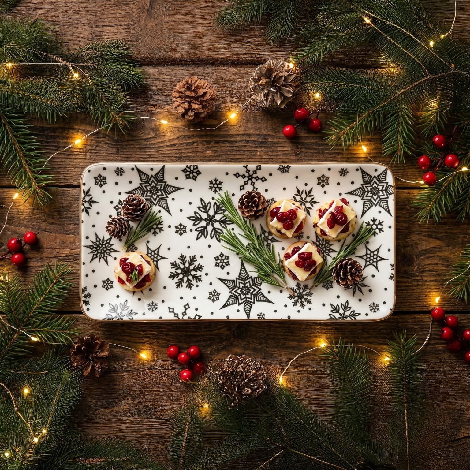 Decorative plate with small desserts on a wooden table with Christmas decorations