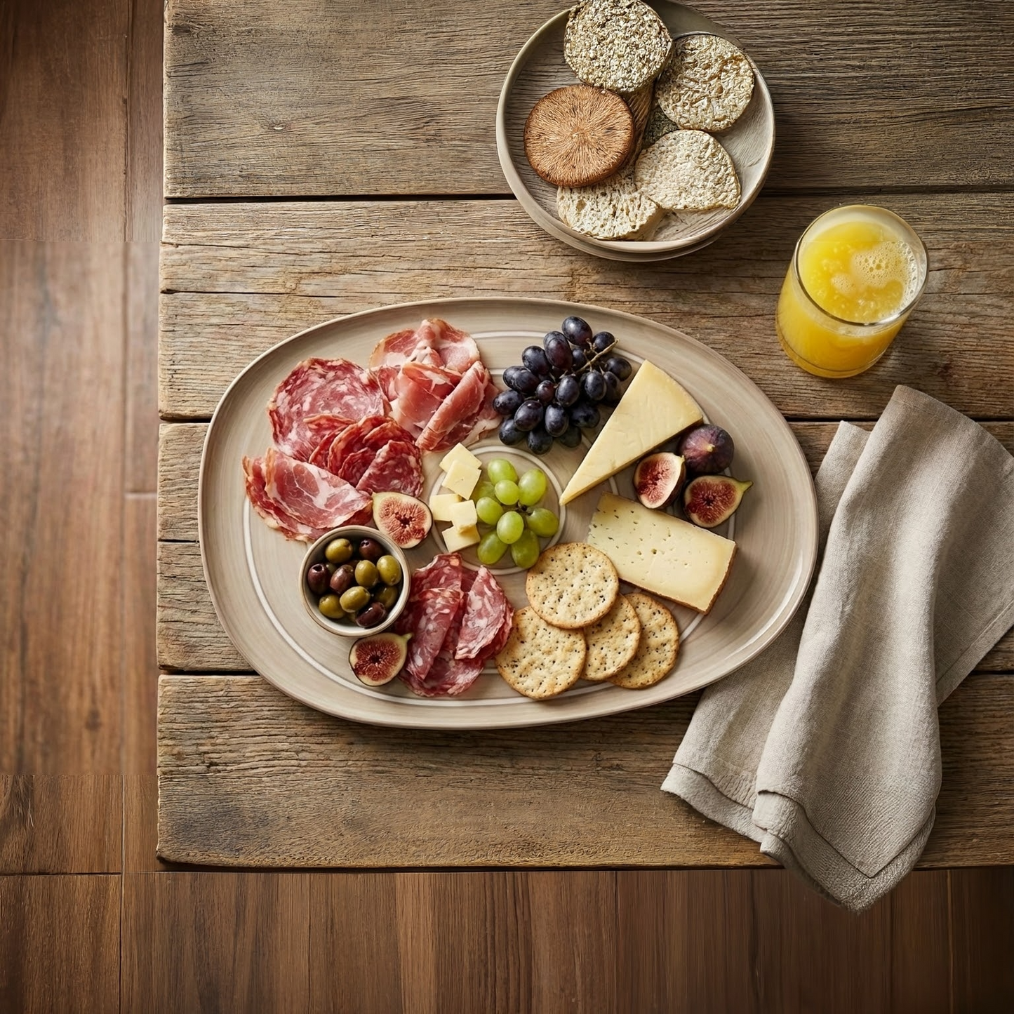 Platter of cured meats, cheeses, and fruits on a wooden table with a glass of orange juice.