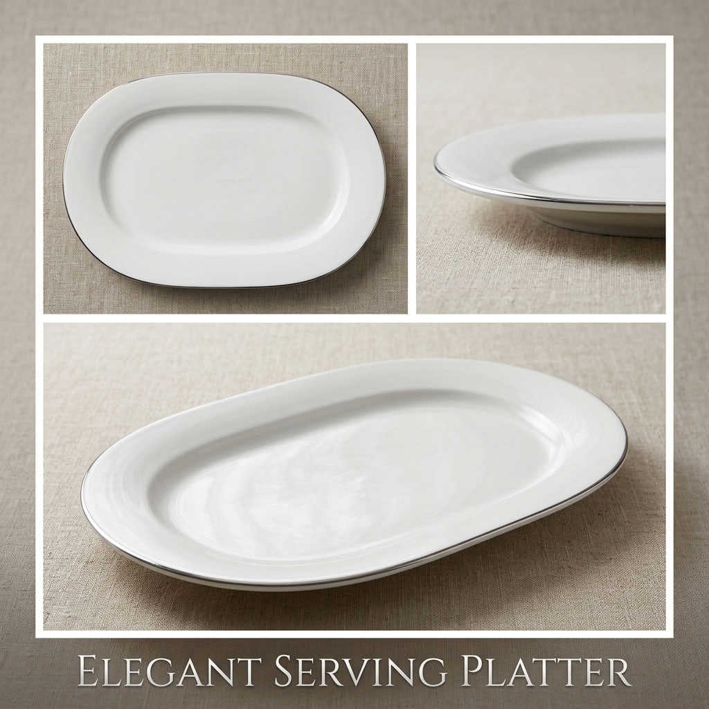 Elegant oval serving platter in white with silver-tone rim