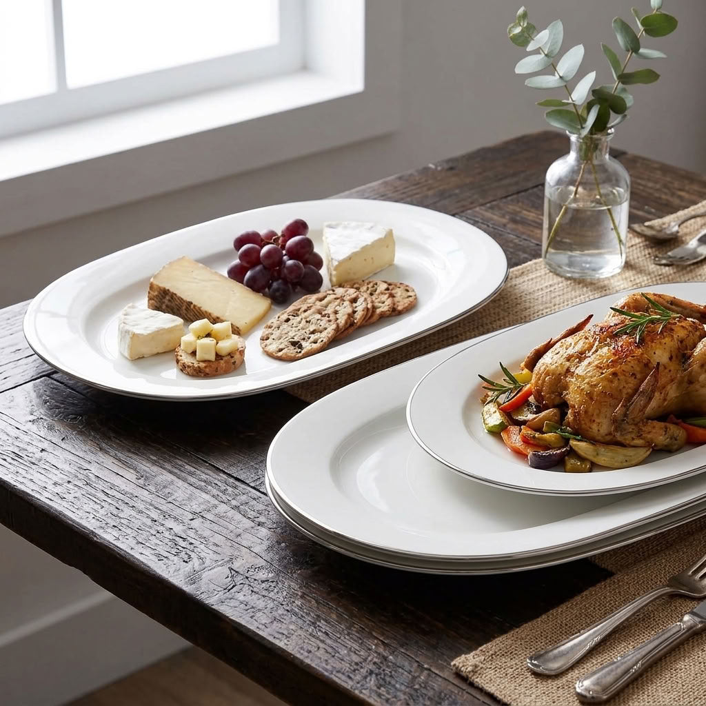 Oval serving platter styled with appetizers and cheeses