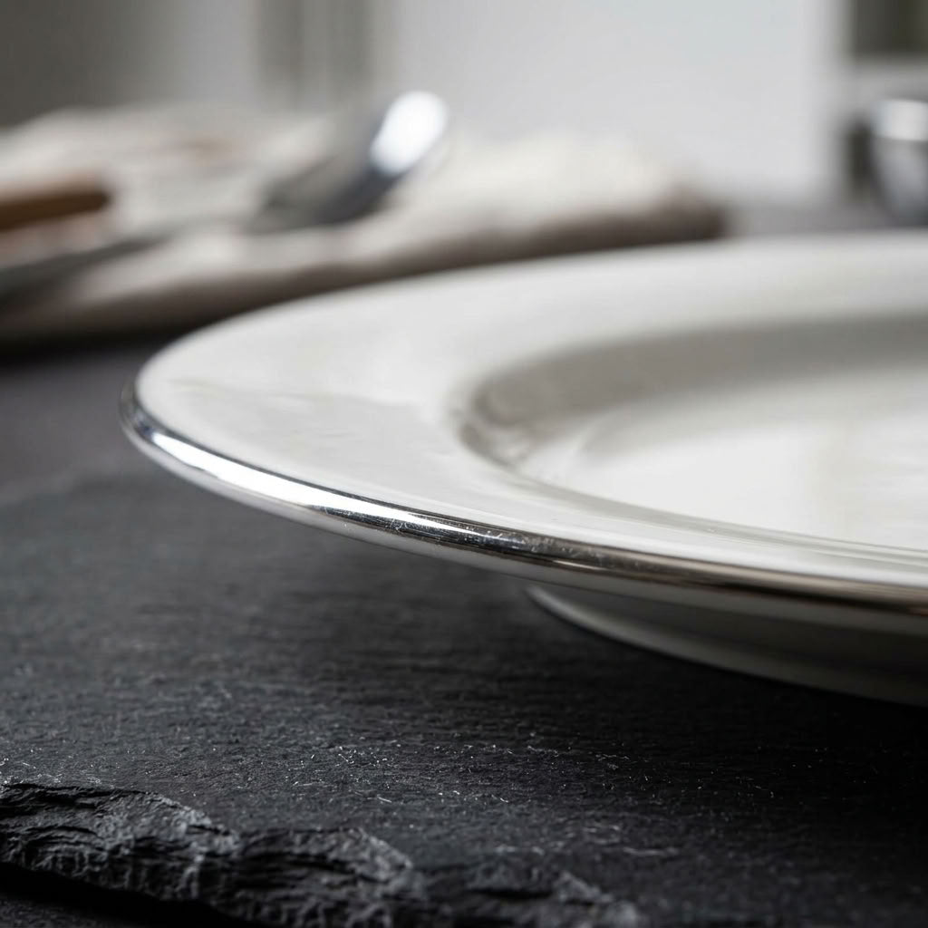 Stacked white oval serving platters with silver-tone rims