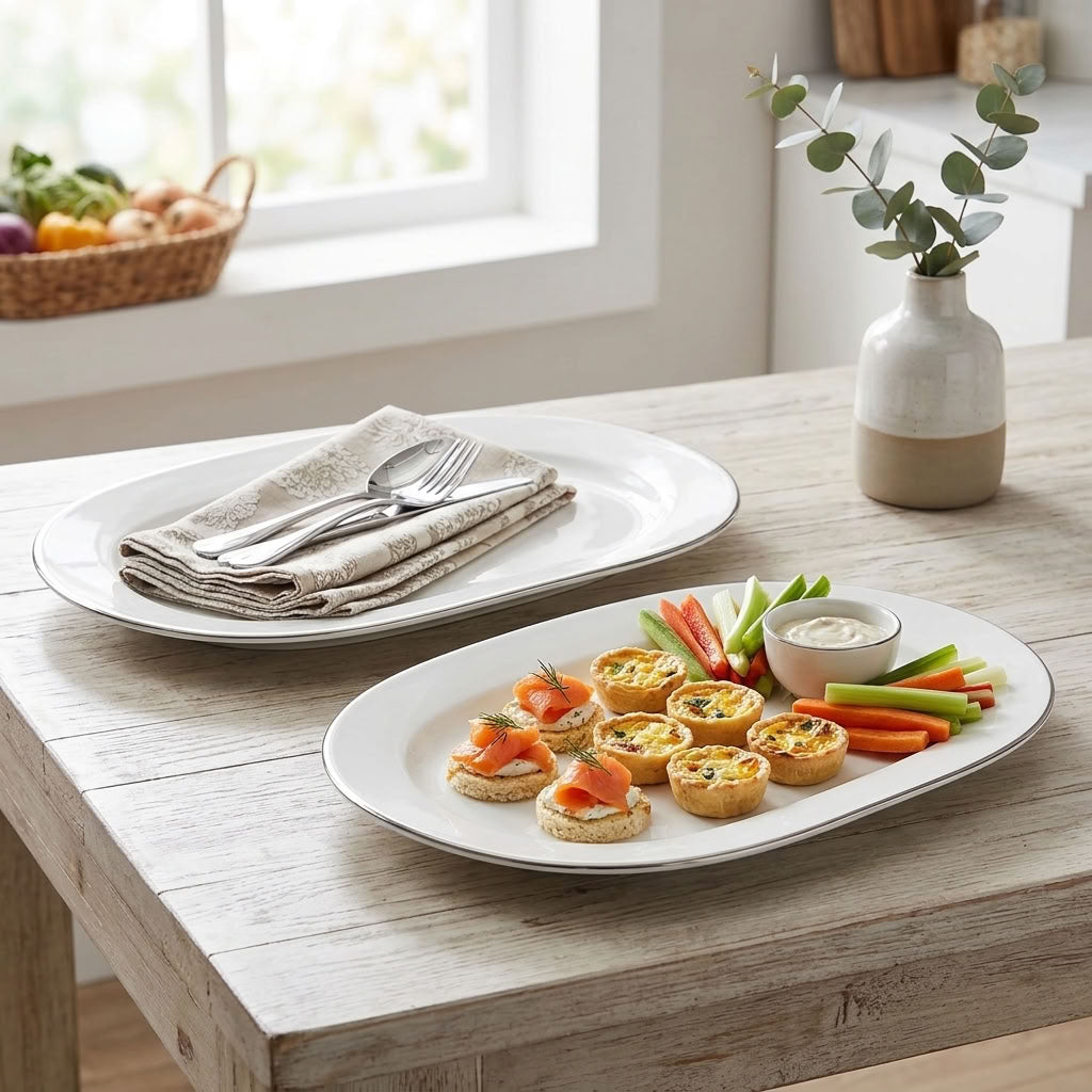 White oval serving platter arranged for entertaining