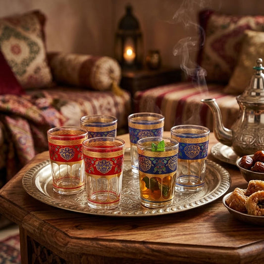 Six decorative tea glasses in red and blue with gold detailing