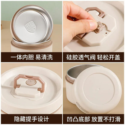 Product features with a lid and hand interacting, on a beige background